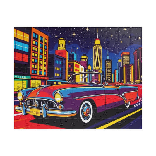 Classic Car Puzzle - Pop Art Jigsaw Game, Retro City Night Scene, Fun Gift for Car Lovers, Mindful Family Activity, Home Entertainment 110 pcs (Horizontal) Puzzle The Puzzle Chest