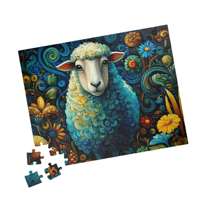 Colorful Sheepscape Puzzle 110/252/500 Piece Jigsaw | Whimsical Floral Sheep Art 110 pcs (Horizontal) Puzzle The Puzzle Chest