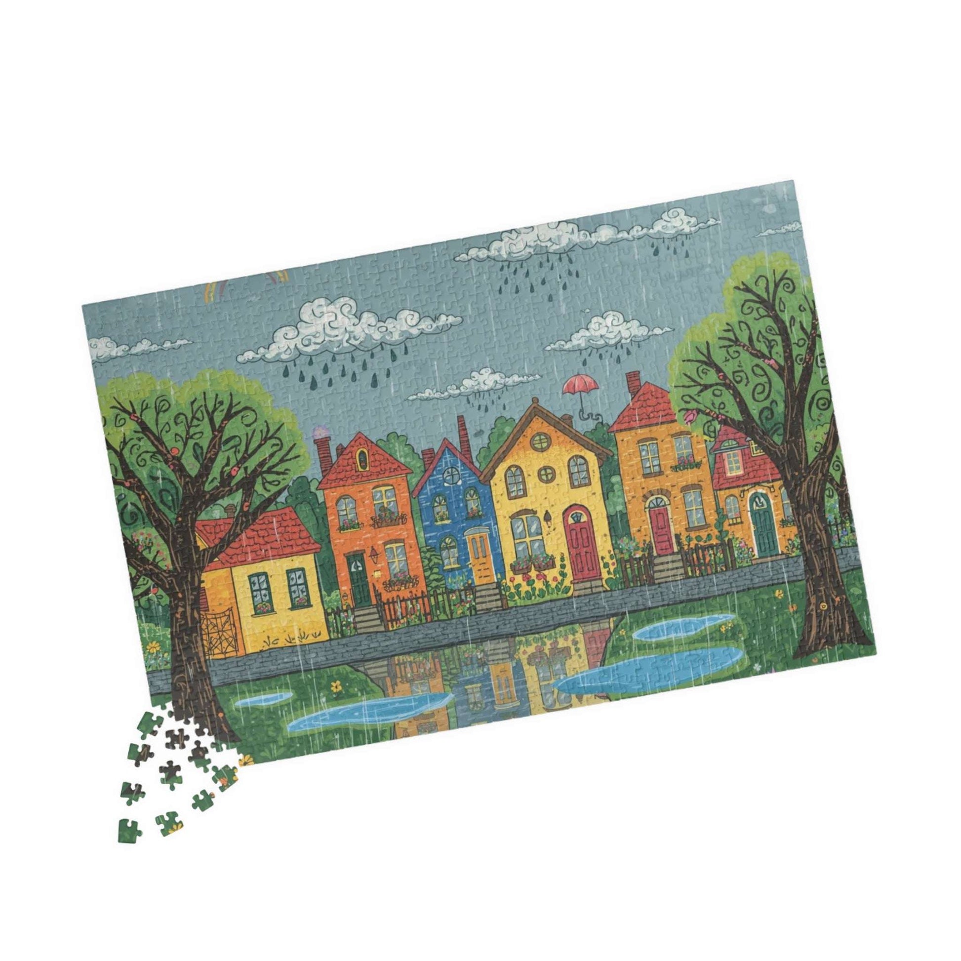 Charming Neighborhood Jigsaw Puzzle - Rainy Day In Town 1014 pcs (Horizontal) Puzzle The Puzzle Chest