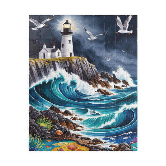 Scenic Rocky Shoreline Puzzle, Lighthouse Seaside Landscape Jigsaw Game, Family Game Night, Mindfulness Activity for Puzzle Lover Enthusiast 110 pcs (Vertical) Puzzle The Puzzle Chest