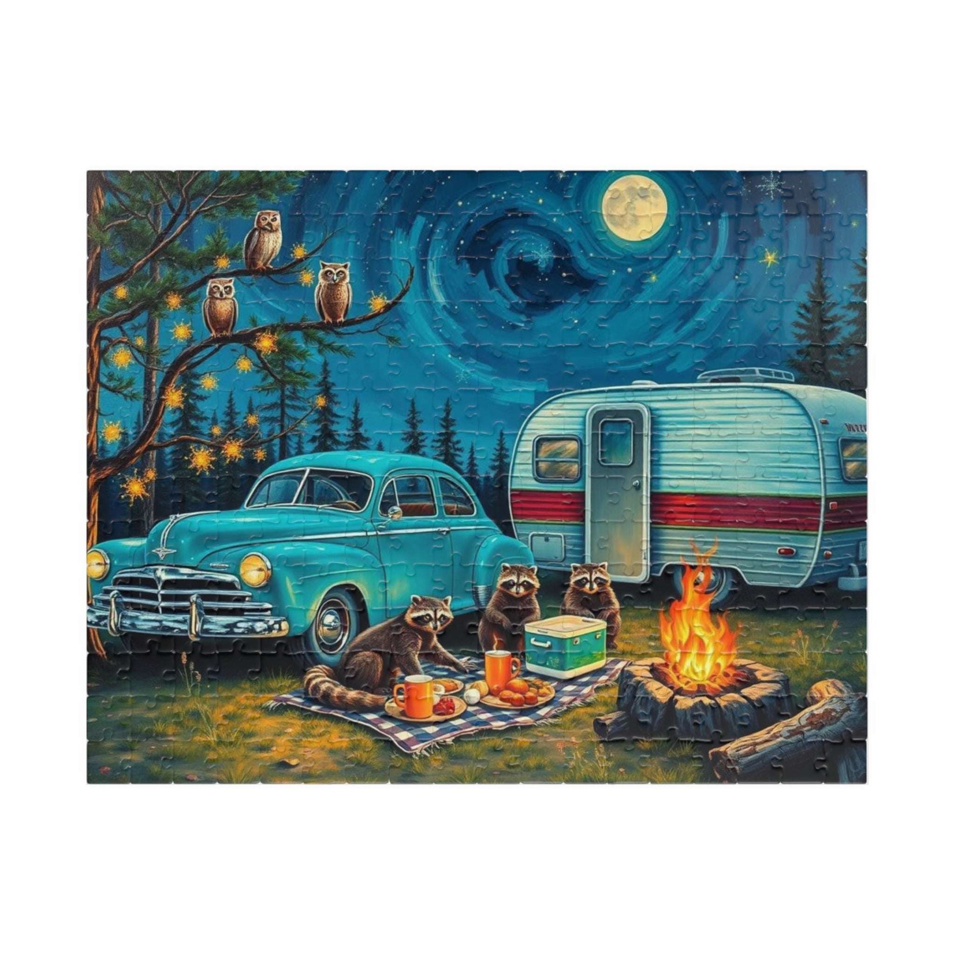 Cozy Camping Jigsaw Puzzle with Raccoons and Owls, Solo Fun or Family Game, Nature Vibes, Holiday Birthday Gift for Friends, 110-1014-piece 252 pcs (Horizontal) Puzzle The Puzzle Chest