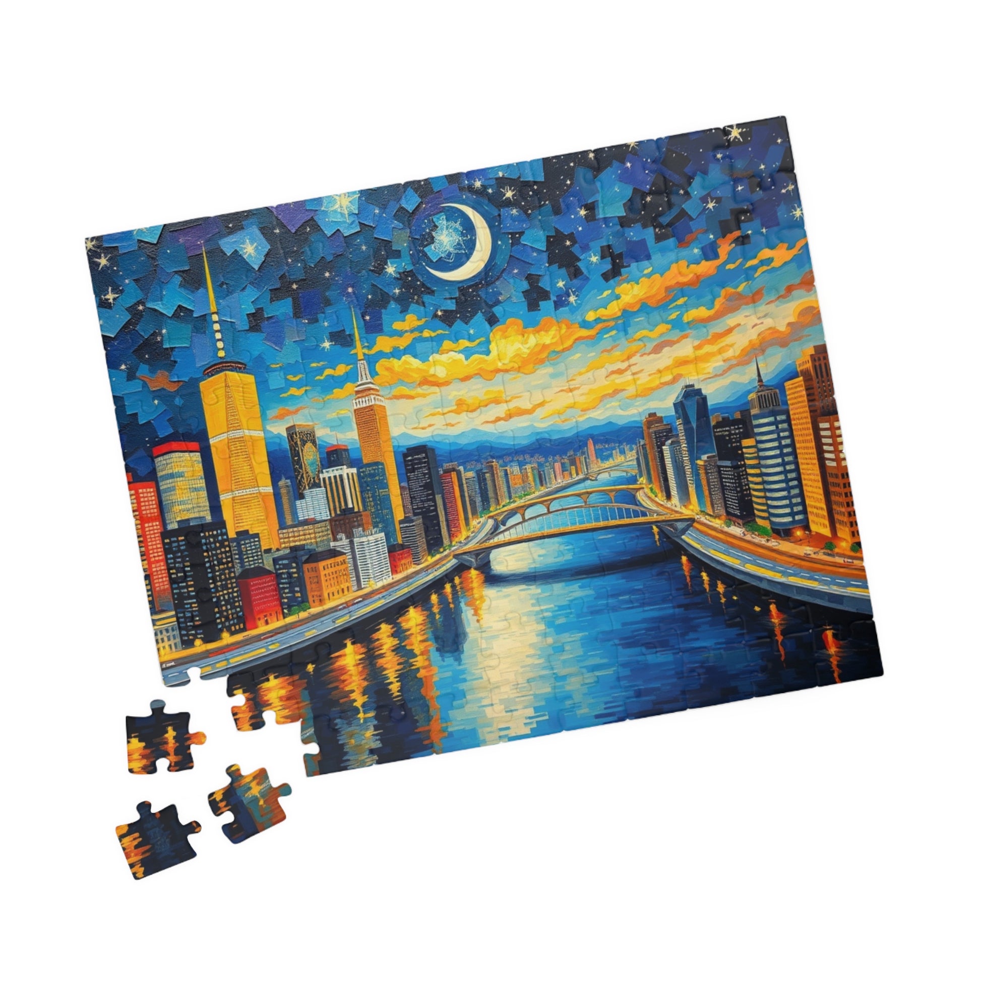 Vibrant City at Night Mosaic Puzzle, Illuminated Skyscraper View, Bustling Urban City Lights Nightscape Jigsaw Game, Fun Family Game Night Puzzle The Puzzle Chest