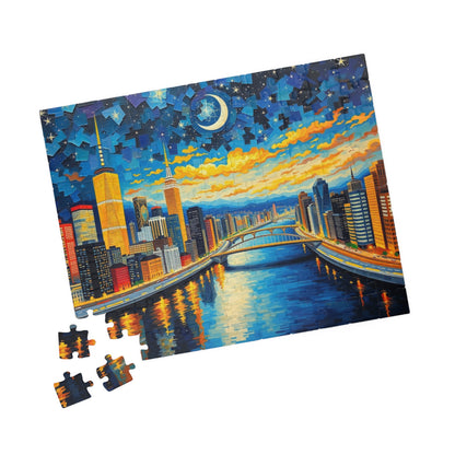 Vibrant City at Night Mosaic Puzzle, Illuminated Skyscraper View, Bustling Urban City Lights Nightscape Jigsaw Game, Fun Family Game Night Puzzle The Puzzle Chest