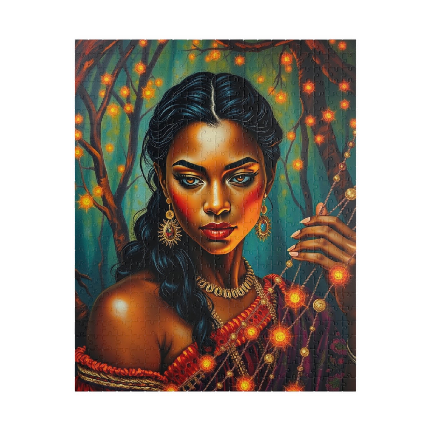 Indigenous Woman Portrait Puzzle, Beautiful Bioluminescent Forest Scene, Family Friendly Mindful Jigsaw Game, Challenge for Puzzle Lover 520 pcs (Vertical) Puzzle The Puzzle Chest