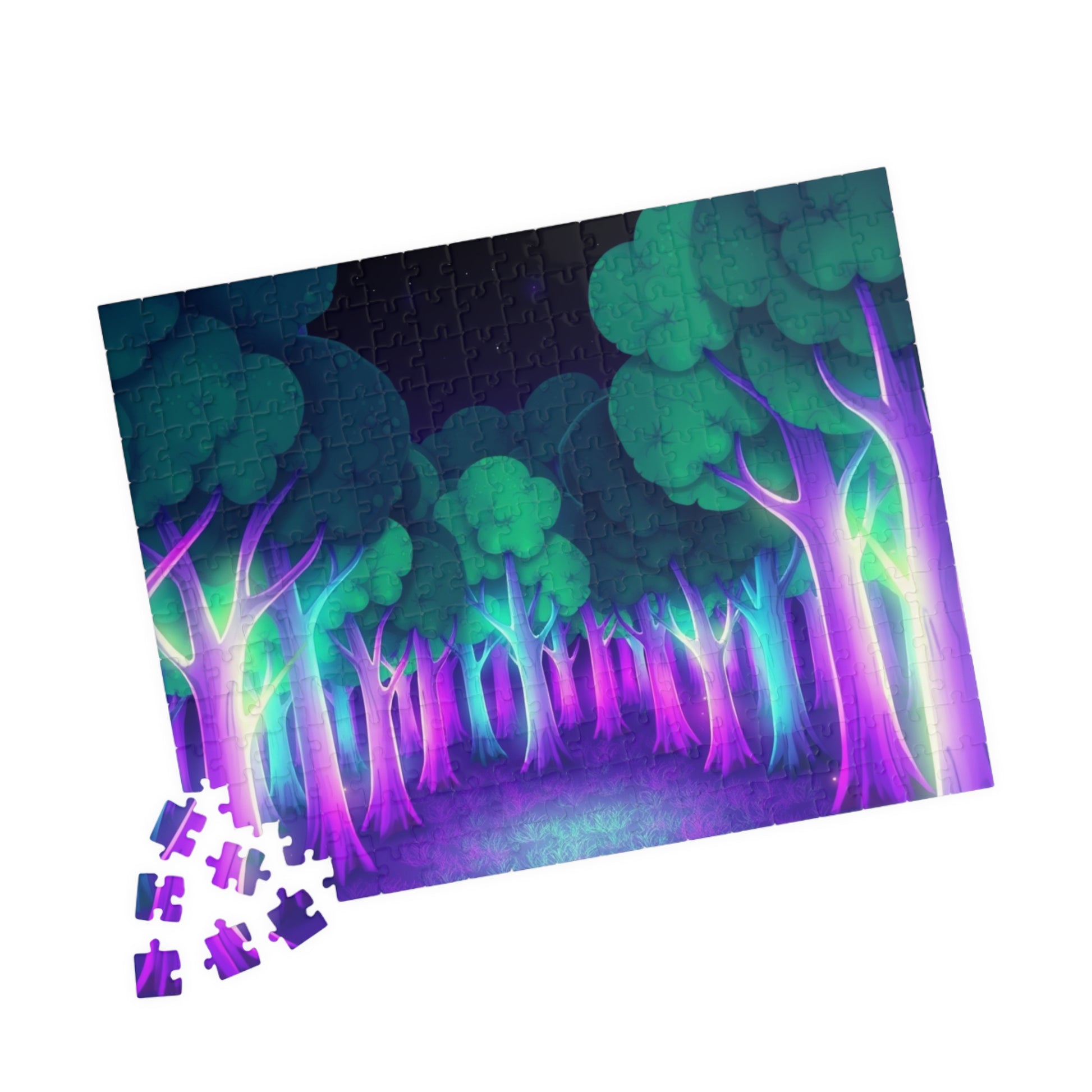 Abstract Forest Landscape Jigsaw Puzzle, Glowing Purple Green Neon Trees, Fantasy Art Puzzle Lover, Quiet Time Leisurely Activity, Fun Hobby Puzzle The Puzzle Chest