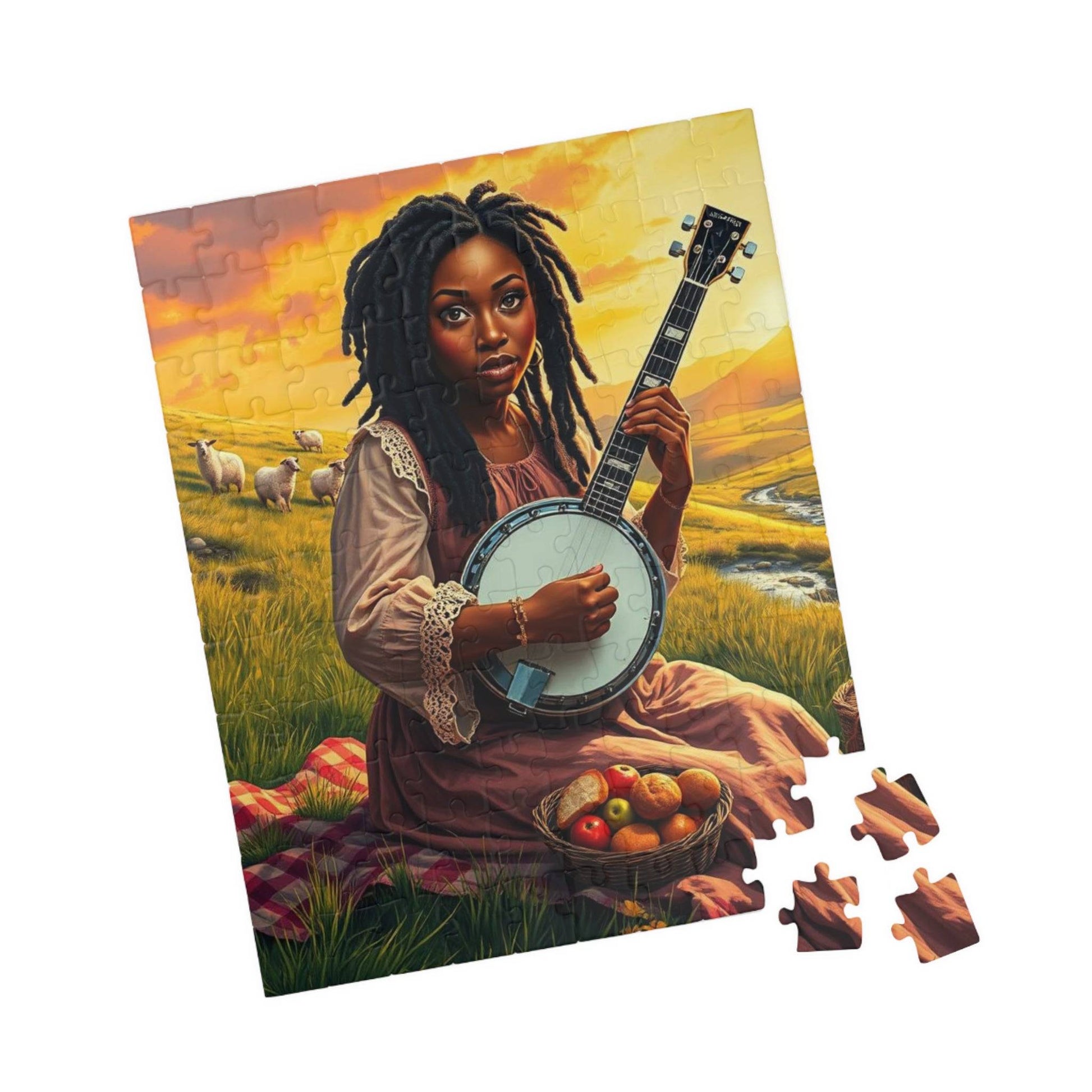 The Banjo Player Jigsaw Puzzle - Black Woman Art, Afrocentric Artwork, African American Musician 110 pcs (Vertical) Puzzle The Puzzle Chest