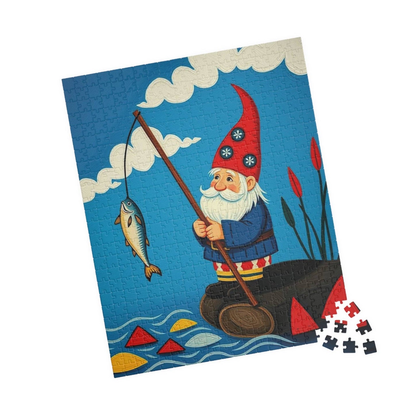 Nordic Gnome Fishing Dockside Jigsaw Puzzle – Scandinavian Folk Art Illustration 520 pcs (Vertical) Puzzle The Puzzle Chest