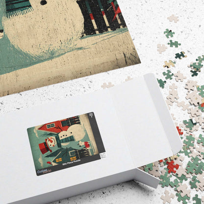 Retro Holiday Cheer Puzzle - Snowman and Dog, Winter Vintage Style Illustration, Ideal for Holiday Activity, Family Game, Festive Gifts Puzzle The Puzzle Chest