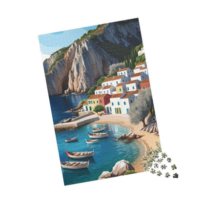 Mediterranean Fishing Village Landscape Jigsaw Puzzle, Scenic Ocean View, Colorful Seaside Town Tabletop Game, Family Night, Puzzle Lover Puzzle The Puzzle Chest