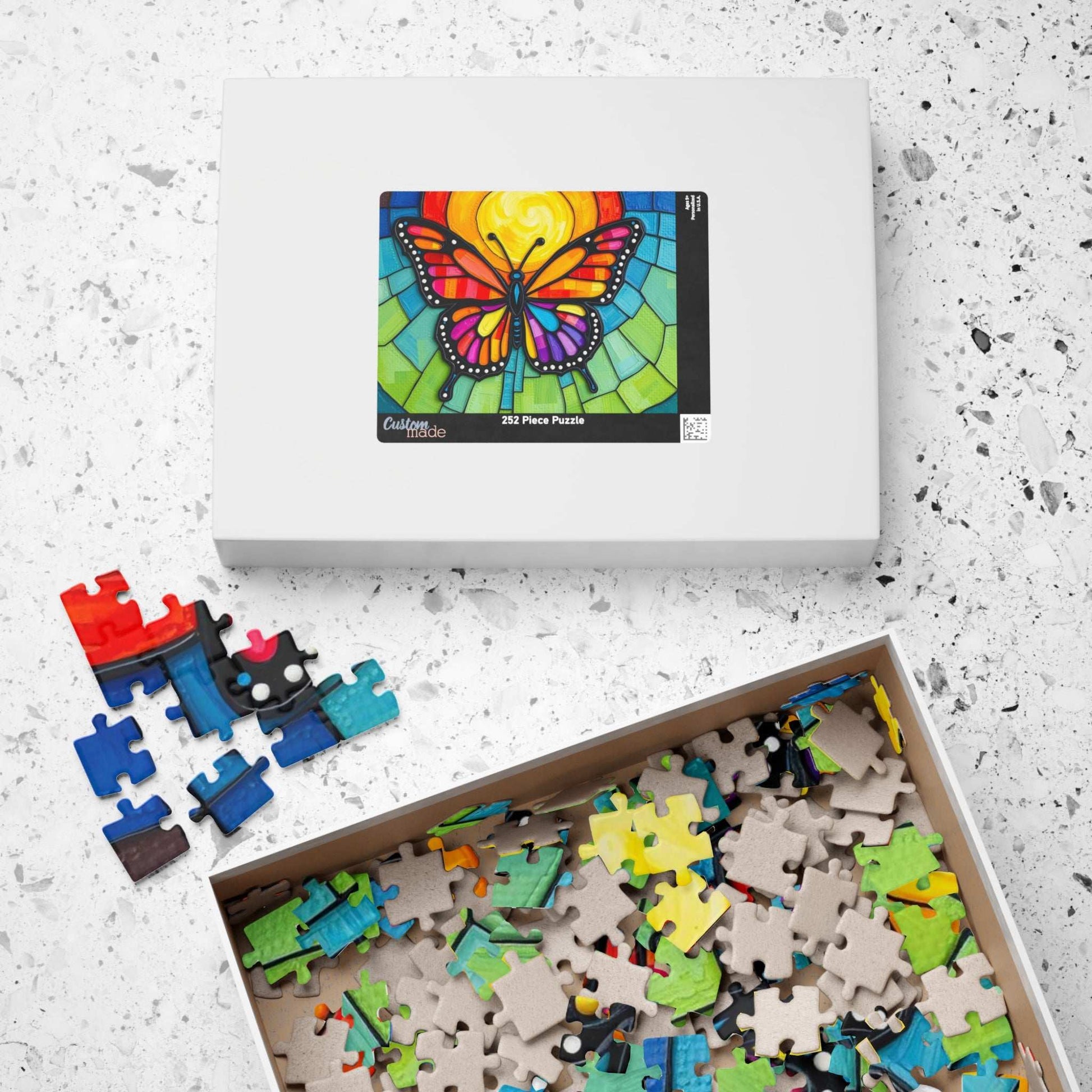 Multicolored Wings Butterfly Puzzle, Stained Glass Style 110-1014 Piece Jigsaw Game, Mindfulness Activity, Family Fun, Holiday Birthday Gift