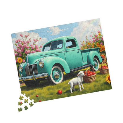 Vintage Teal Pickup Truck Puzzle — Spring Lamb & Flower Farm Jigsaw (110–1014 pcs) 520 pcs (Horizontal) Puzzle The Puzzle Chest