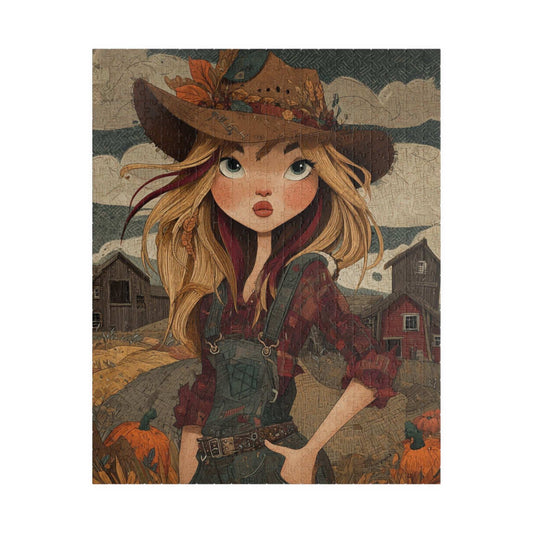 1990s Autumn Cowgirl Jigsaw Puzzle - Grunge Patchwork, Retro Cartoon-Style Illustration Farm Scene Puzzle The Puzzle Chest