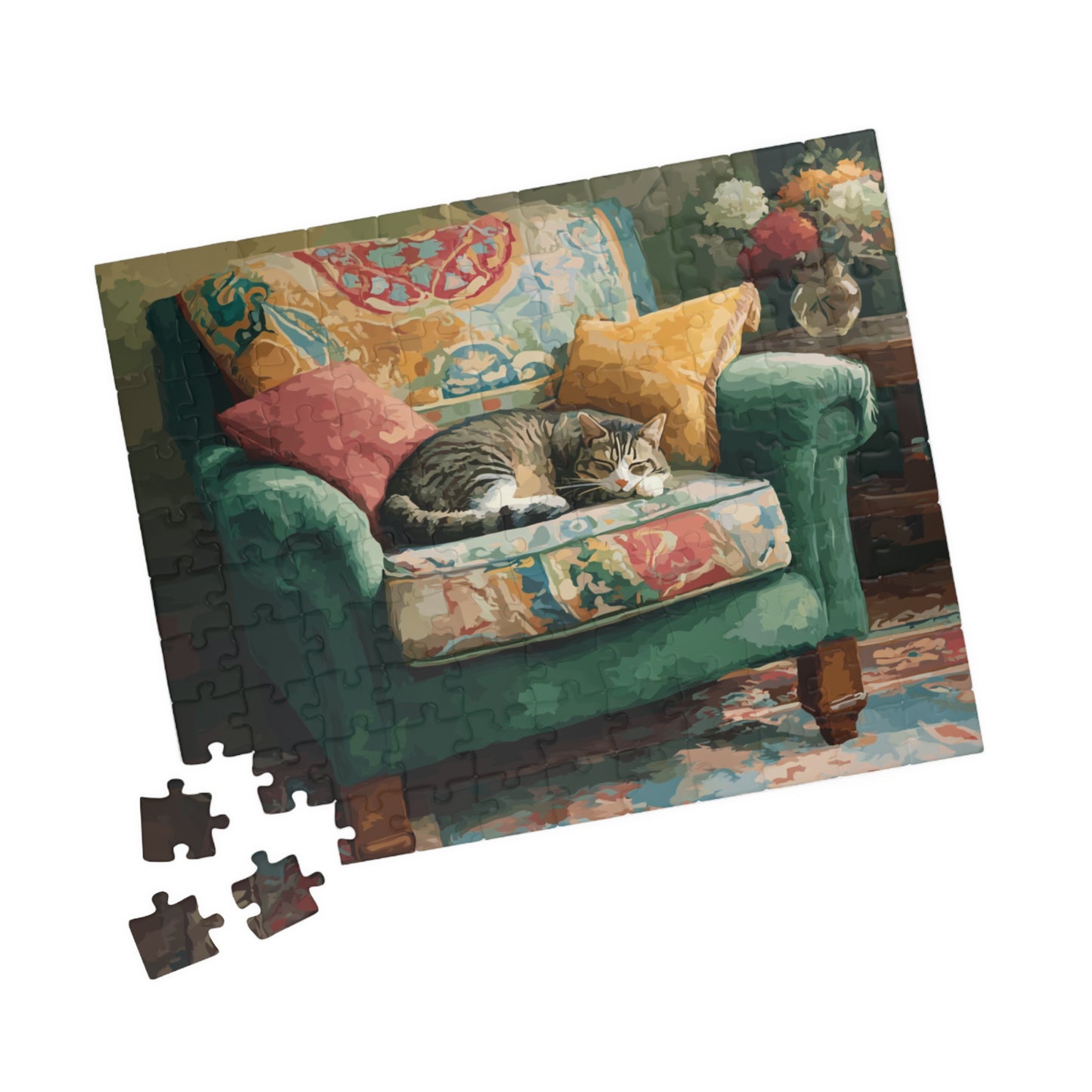 Cat and the Green Armchair – Cozy Interior Jigsaw Puzzle, Animal Theme Fauvist Cat Home Puzzle for Kitten Lover 110 pcs (Horizontal) Puzzle The Puzzle Chest