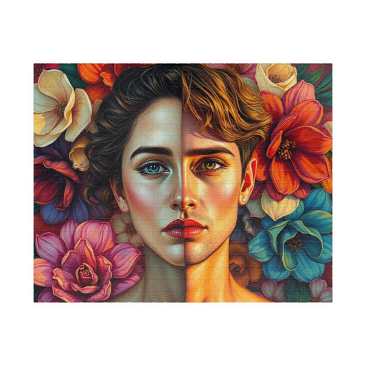 LGBTQ+ Surrealist Self-Portrait Jigsaw Puzzle, Androgynous Subject (Femme/Masc Halves), Gift for Art Lover, Game Night, Pride Month 520 pcs (Horizontal) Puzzle The Puzzle Chest