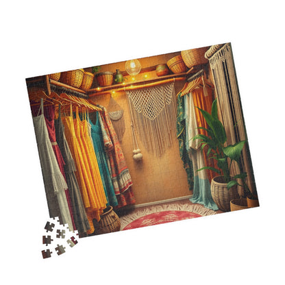 Boho Chic Closet Jigsaw Puzzle, Rustic Fashion Wardrobe with Dresses Plants and Accessories Game, Dreamy Womans Boutique, Puzzle Lover Gift