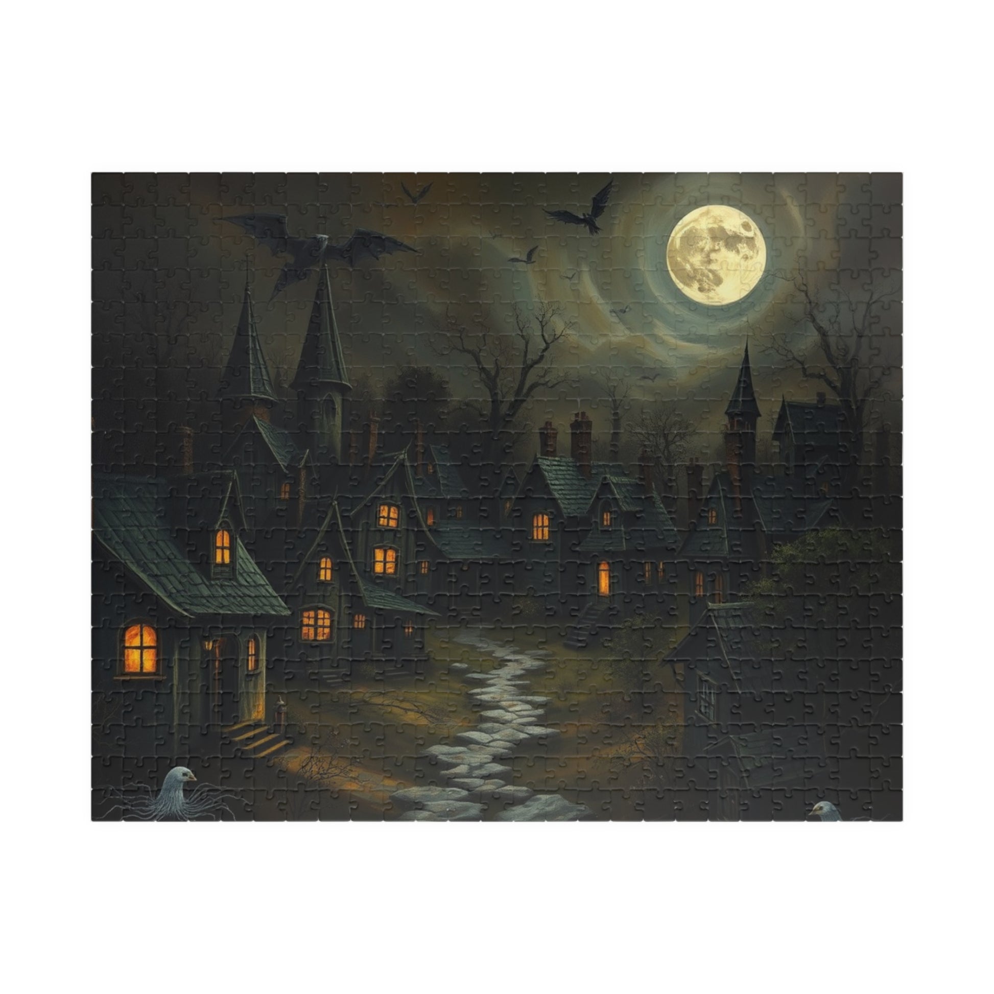 Eerie Village Puzzle (110, 252, 520, 1014-piece), Black Houses Glowing Windows and Full Moon, Spooky Nighttime Scene, Gothic Lover Gift 520 pcs (Horizontal) The Puzzle Chest