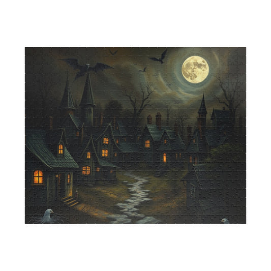 Eerie Village Puzzle (110, 252, 520, 1014-piece), Black Houses Glowing Windows and Full Moon, Spooky Nighttime Scene, Gothic Lover Gift 520 pcs (Horizontal) The Puzzle Chest