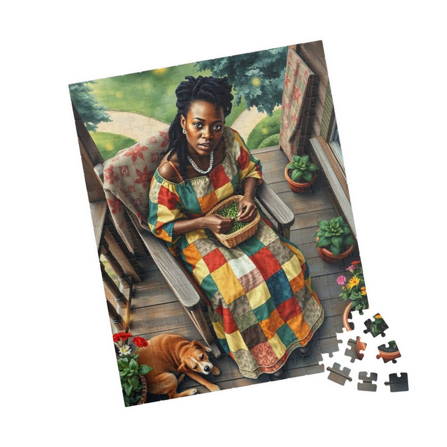 The Homemaker Jigsaw Puzzle – Black Woman Shelling Peas with Dog, Afrocentric Art, African American Artwork 252 pcs (Vertical) Puzzle The Puzzle Chest