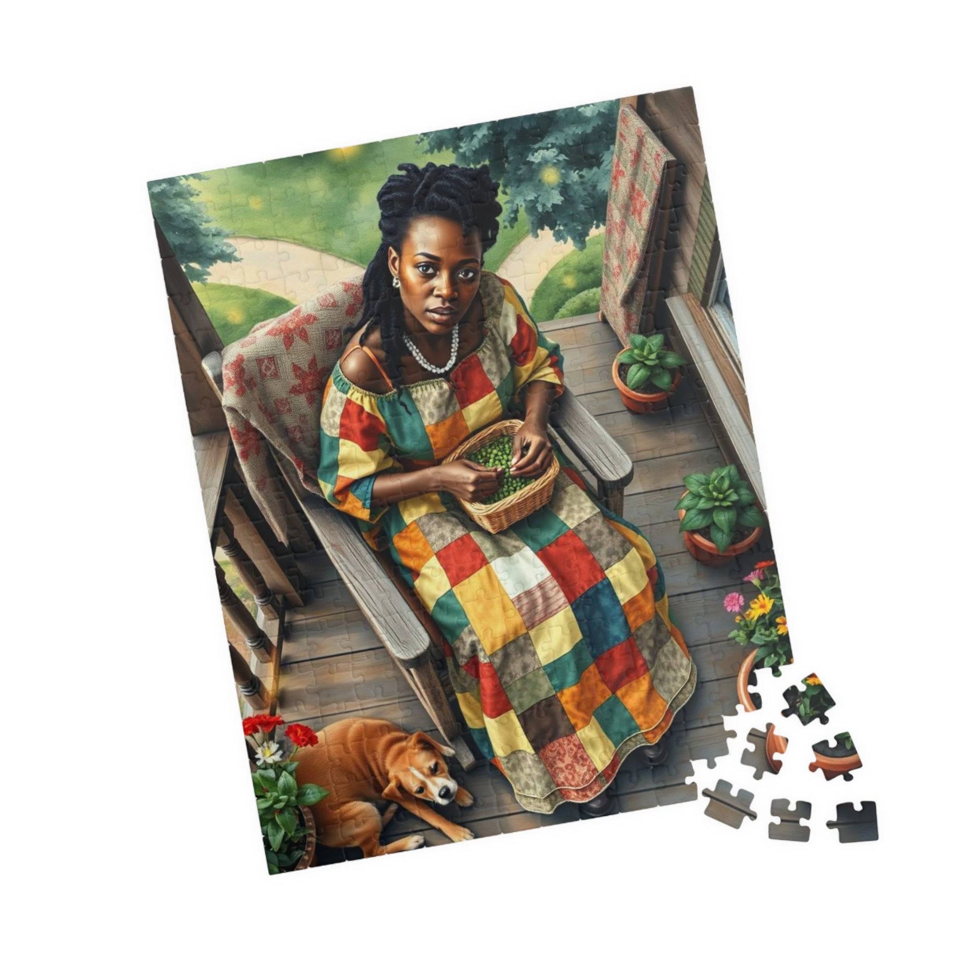 The Homemaker Jigsaw Puzzle – Black Woman Shelling Peas with Dog, Afrocentric Art, African American Artwork 252 pcs (Vertical) Puzzle The Puzzle Chest