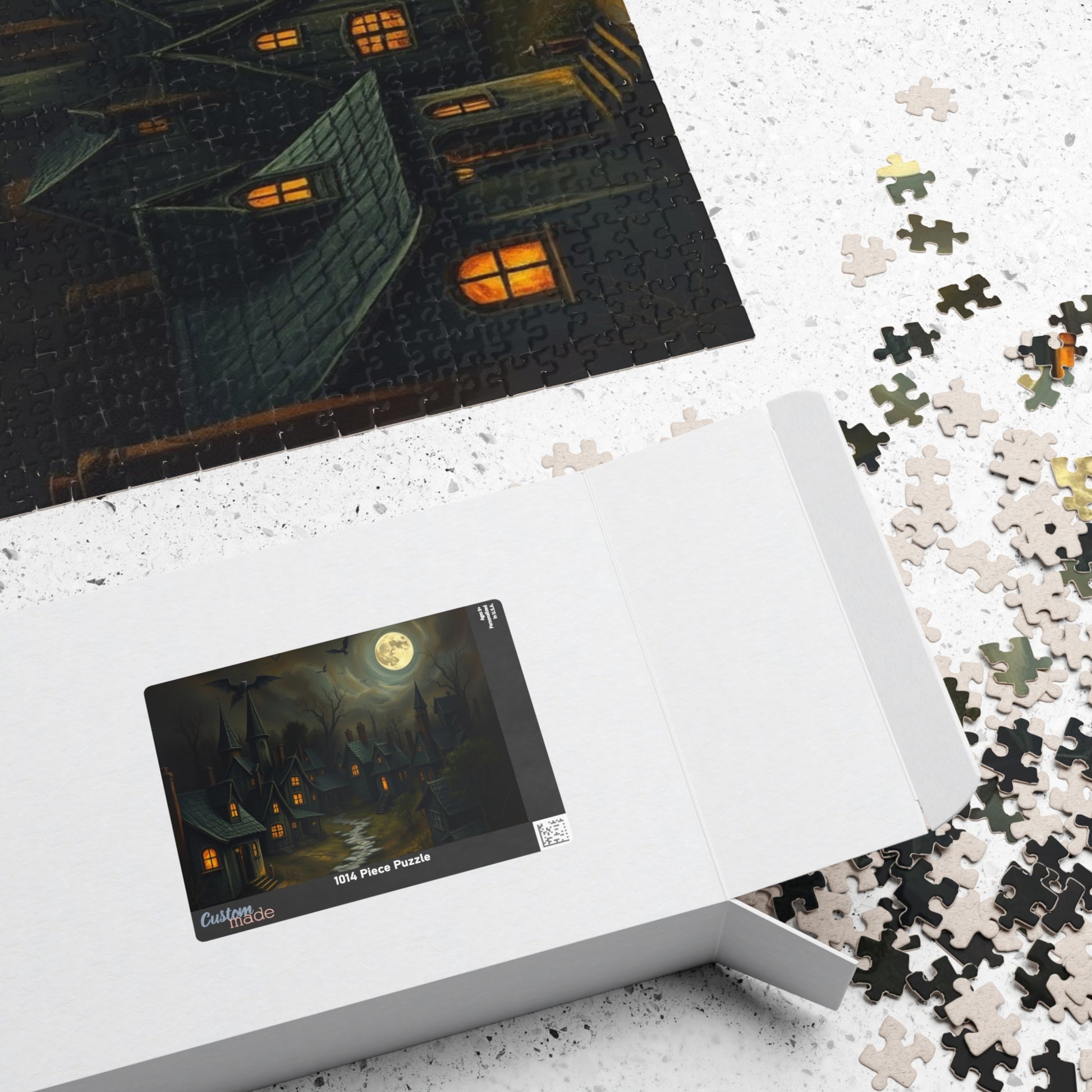 Eerie Village Puzzle (110, 252, 520, 1014-piece), Black Houses Glowing Windows and Full Moon, Spooky Nighttime Scene, Gothic Lover Gift The Puzzle Chest