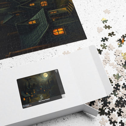 Eerie Village Puzzle (110, 252, 520, 1014-piece), Black Houses Glowing Windows and Full Moon, Spooky Nighttime Scene, Gothic Lover Gift The Puzzle Chest