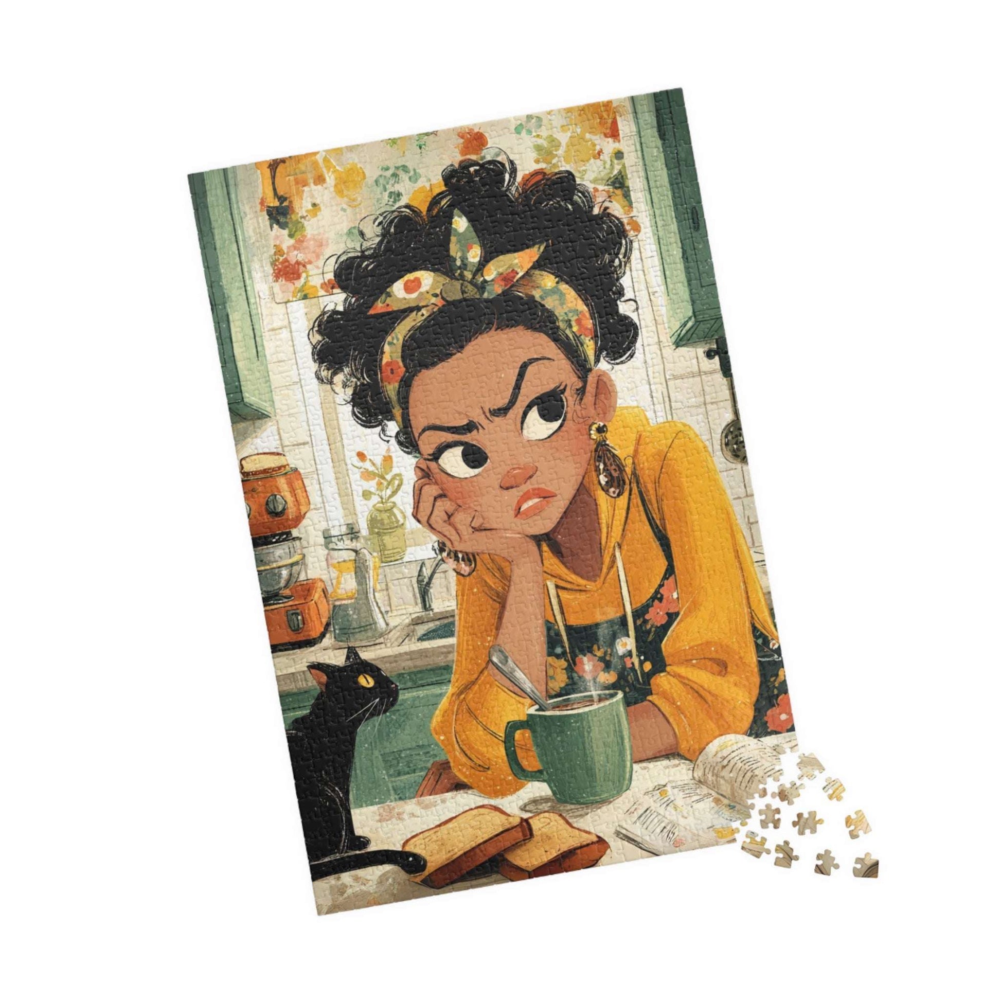 Funny Kitchen Cartoon Puzzle - Watercolor Scene of Girl Making Coffee, Character Game for Adults 1014 pcs (Vertical) Puzzle The Puzzle Chest
