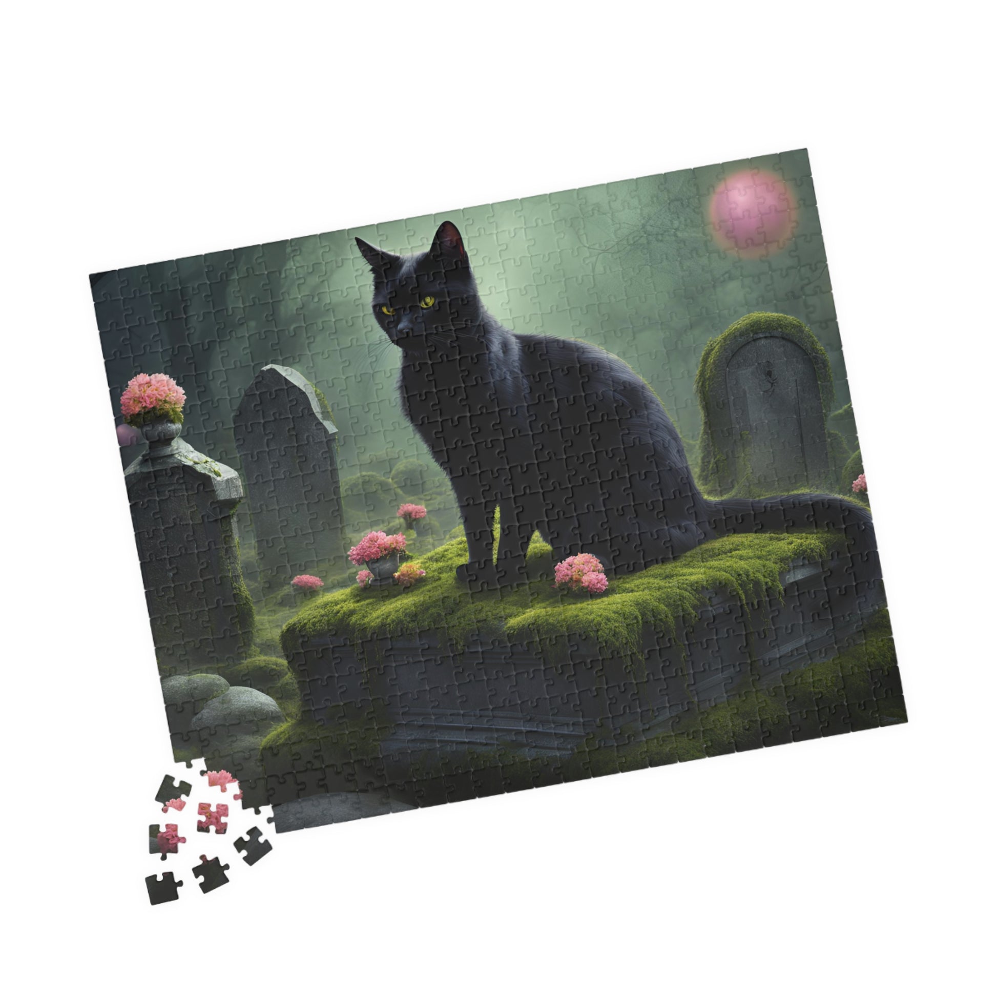 Gothic Cat Puzzle (110-1014 Piece), Black Kitten on Tombstone, Eerie Graveyard Jigsaw Game, Halloween Activity, Gift for Animal Cat Lovers Puzzle The Puzzle Chest