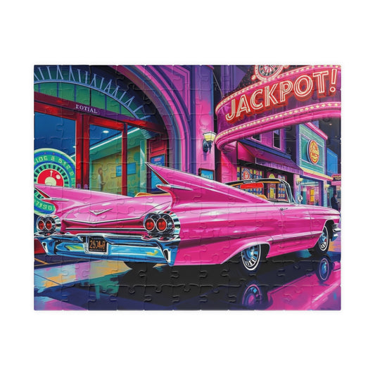 Vintage Car Puzzle, 1959 Pink Cadillac Eldorado, Retro Casino Neon Lights and Classic Vehicle Scenic Jigsaw Game for Him, Puzzle Lover Gift 110 pcs (Horizontal) Puzzle The Puzzle Chest