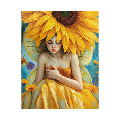 Sunflower Shade Fairy Jigsaw Puzzle, Floral Art Mythical Fantasy Game, Holiday or Birthday Gift for Friend, Decor, Mindfulness Activity