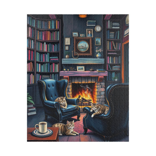 Cozy Cat-Themed Reading Room Puzzle - Home Library Jigsaw Game Perfect for Cat Lovers, Family Fun, Bookish Gift Idea, Quiet Leisure Activity