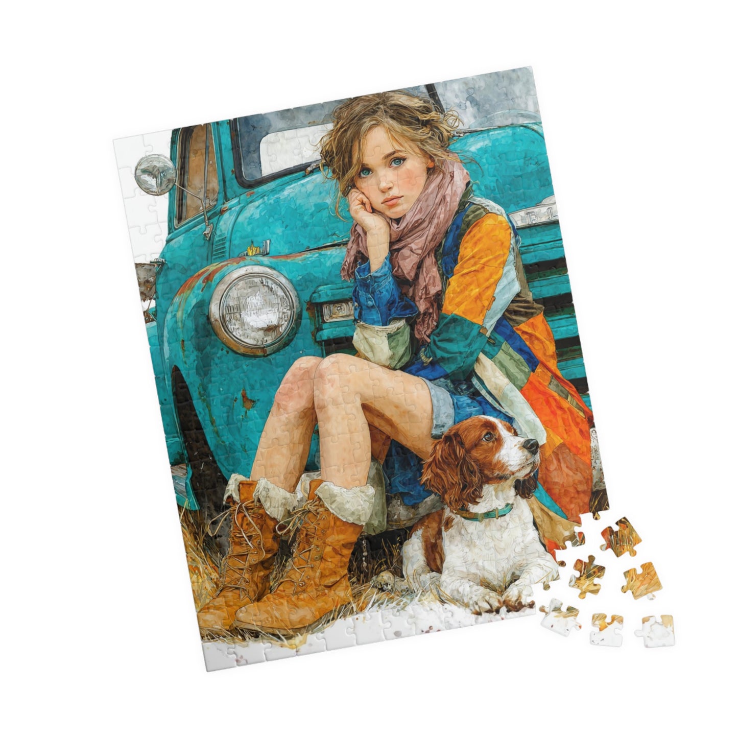 Rustic Country Girl and Dog Jigsaw Puzzle - Vintage Truck and Spaniel Companion 252 pcs (Vertical) Puzzle The Puzzle Chest