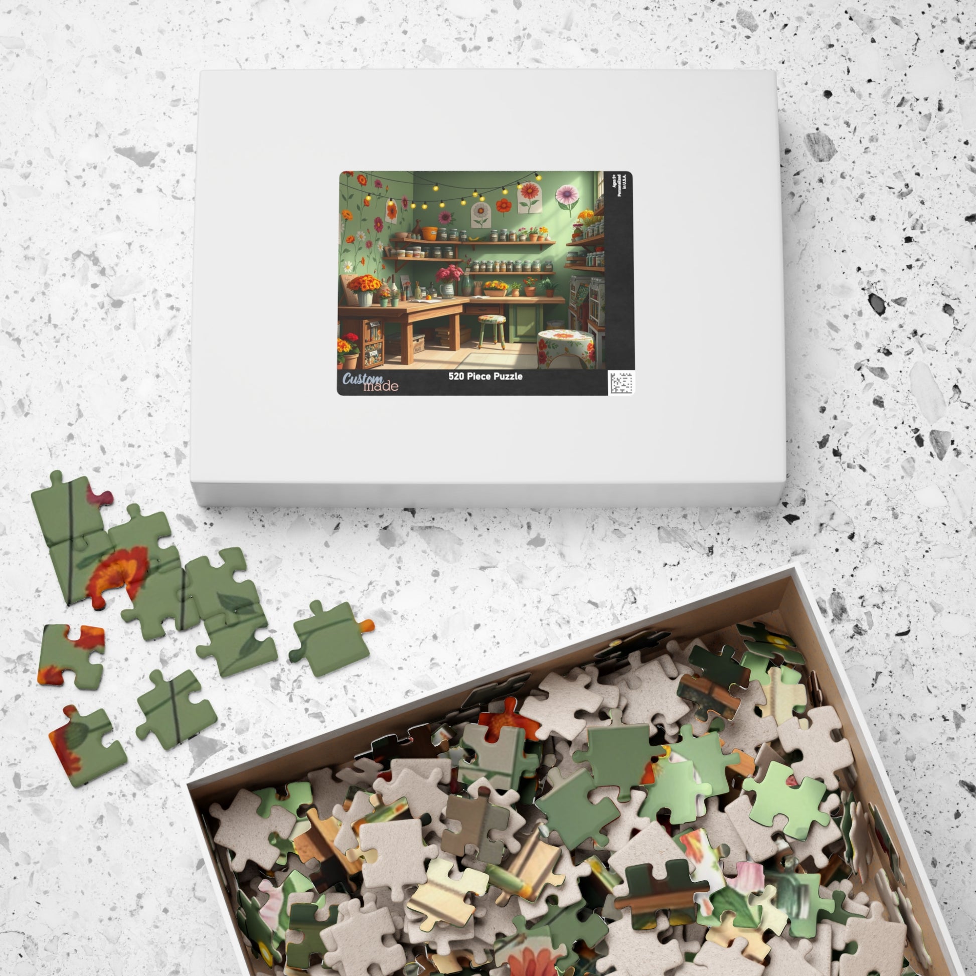 Country Garden Workshop Puzzle (110-1014 Piece), Colorful Flower Illustrations Sage Green Walls and String Lights, Plant Enthusiast Gift Puzzle The Puzzle Chest