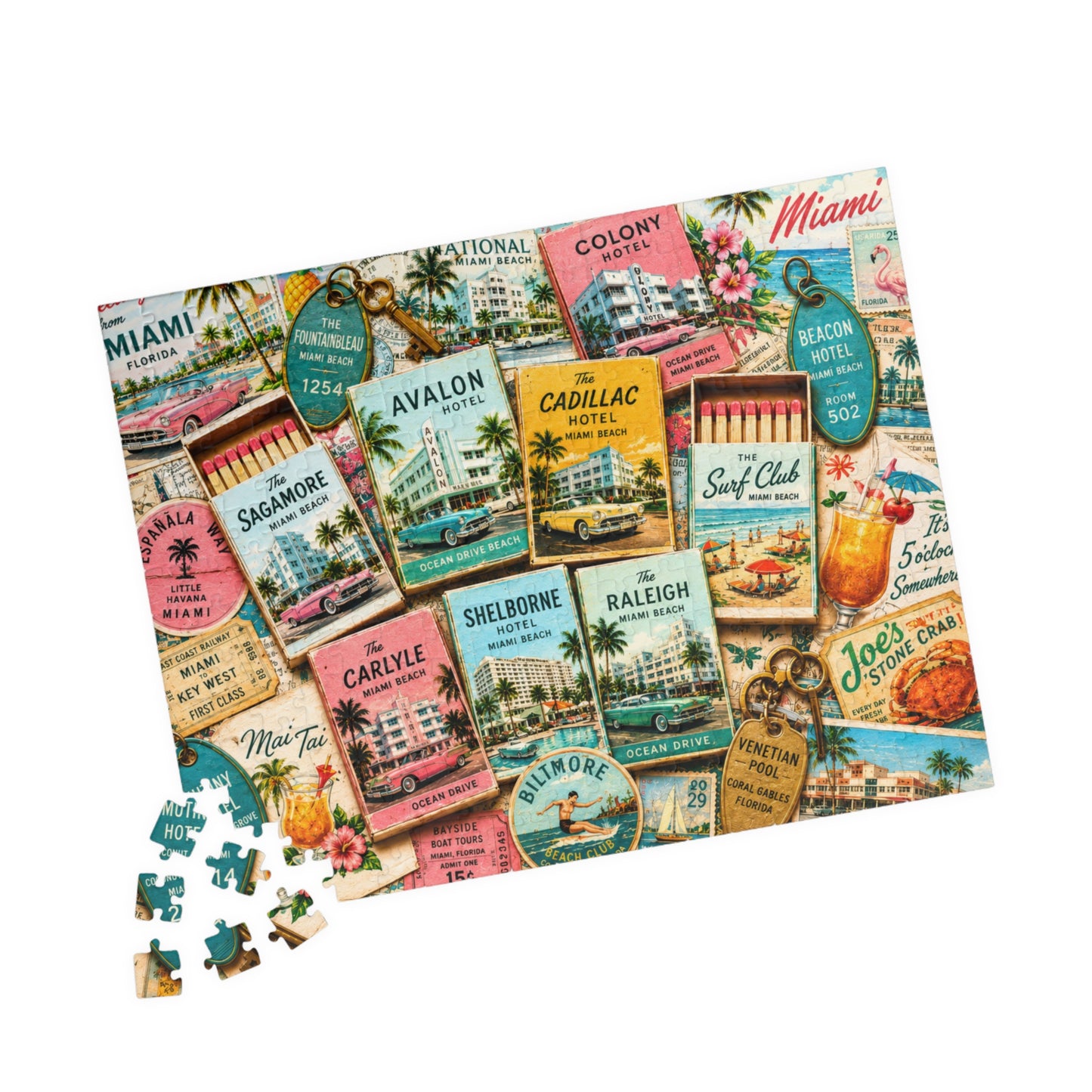 Vintage Miami Matchbook Puzzle | Art Deco Beach Memorabilia Jigsaw | Florida Coastal Tropical Travel Nostalgia