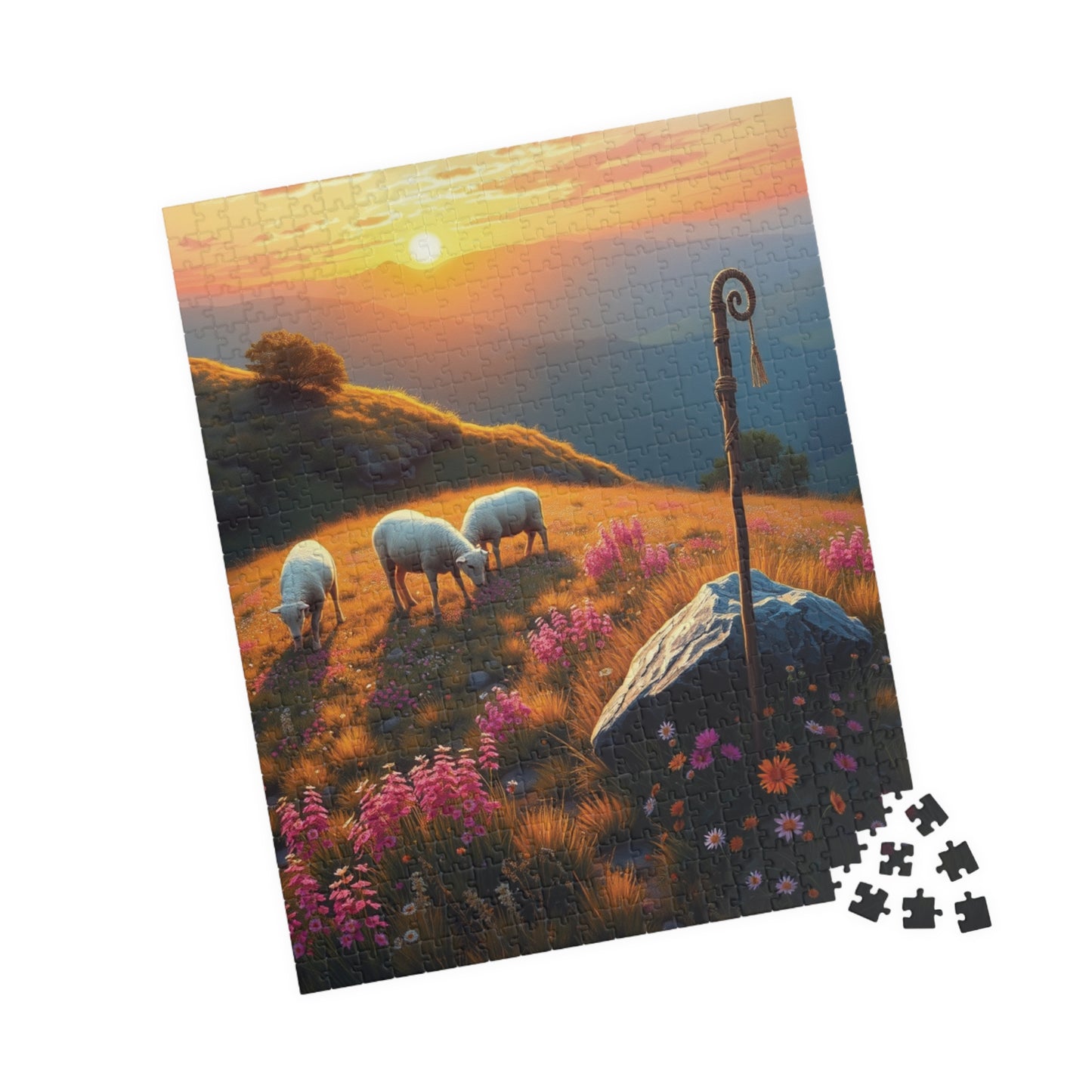 Peaceful Pastoral Sunset Puzzle, Religious Themed Jigsaw Game, Nature-Inspired Serene Landscape with Sheep Grazing on a Wildflower Hill Puzzle The Puzzle Chest
