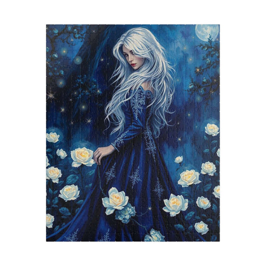 Lady of the Midnight Garden - Moonlit White Rose Jigsaw Puzzle
