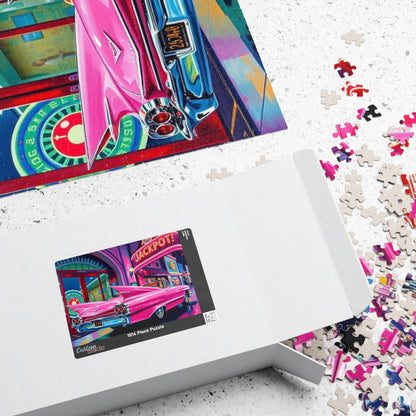 Vintage Car Puzzle - 1959 Pink Eldorado, Retro Casino and Classic Vehicle Scene Puzzle The Puzzle Chest