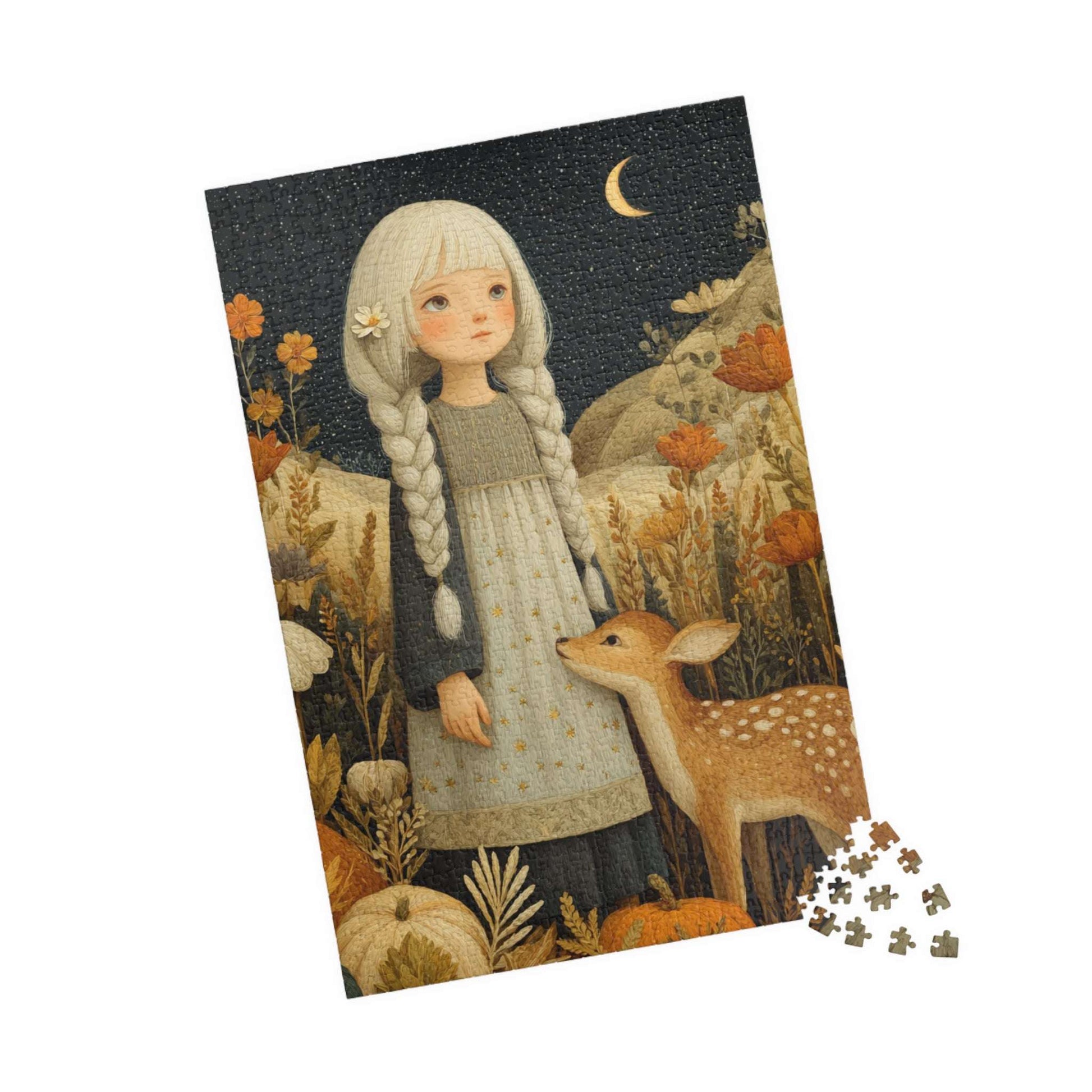 Starlit Meadow Jigsaw Puzzle – Whimsical Autumn Puzzle for Adults, Girl with Fawn Under Starry Sky 1014 pcs (Vertical) Puzzle The Puzzle Chest