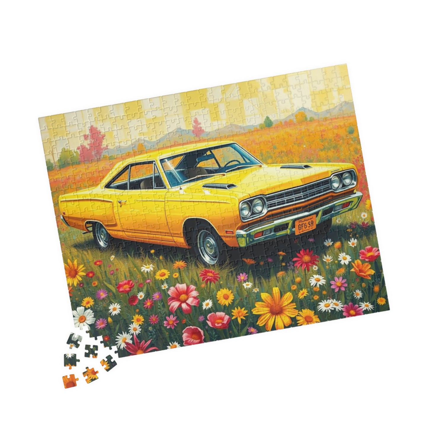 Vintage Car Puzzle Classic Yellow 1969 Plymouth Road Runner, Nostalgic Auto Jigsaw Game for Adults, Gift for Car Lover, Family Game Night