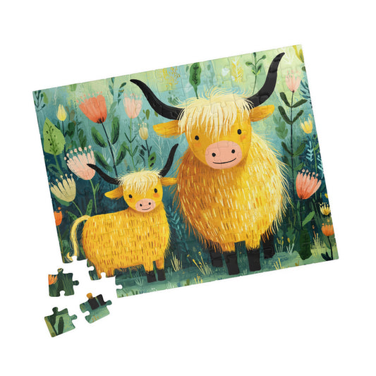 Highland Cow Family Puzzle 110/252/520/1014 Piece | Cute Mother and Calf Floral Jigsaw 110 pcs (Horizontal) Puzzle The Puzzle Chest
