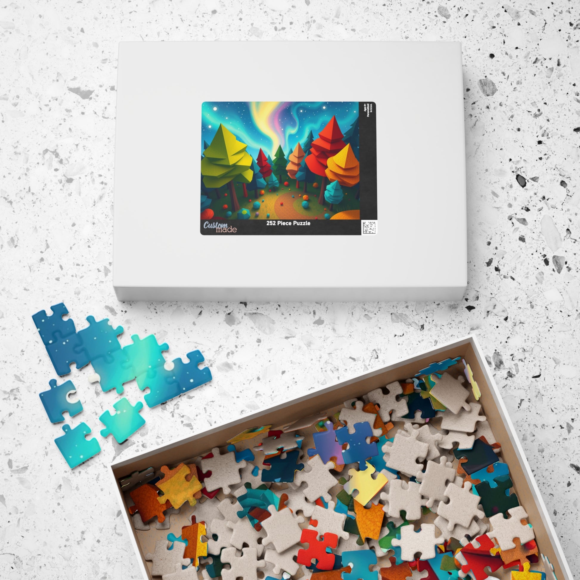 Abstract Landscape Jigsaw Puzzle, Magical Forest with Geometric Trees Aurora Sky, Challenging Game for Mental Exercise, Puzzle Lover Gift Puzzle The Puzzle Chest