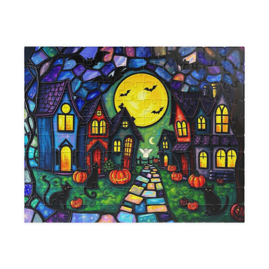 Halloween Puzzle for Adults - Spooky Village Black Cat Scene