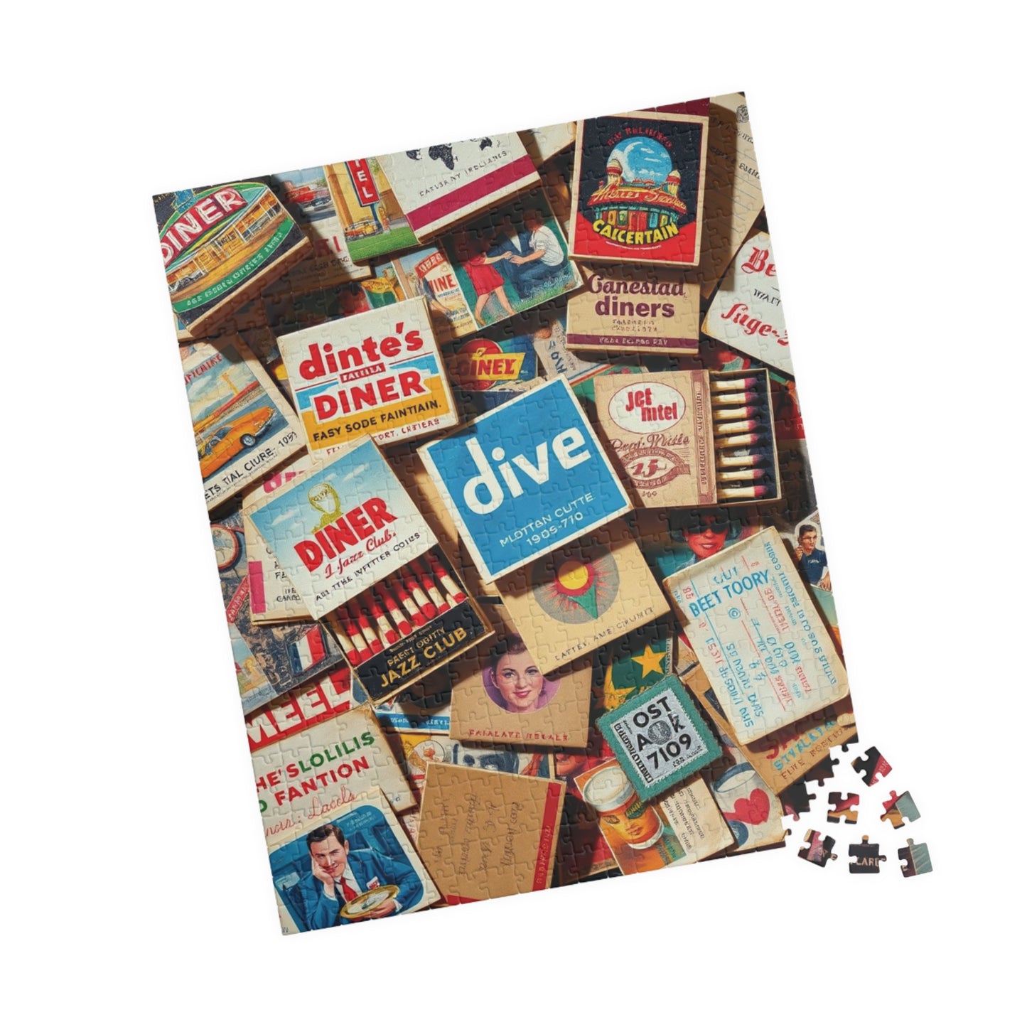 Vintage Matchbook Collage Jigsaw Puzzle, Retro Americana Memorabilia, Old Matchboxes Postcards and Receipts, Mid-Century Diner Motel Designs Puzzle The Puzzle Chest