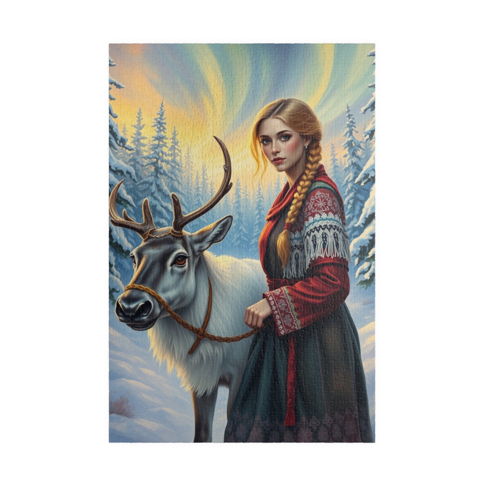 Nordic Cultural Winter Jigsaw Puzzle, Woman Guiding Reindeer Northern Lights, Sami Attire Snowy Forest, Best Unique Gift for Puzzle Lover 1014 pcs (Vertical) Puzzle The Puzzle Chest