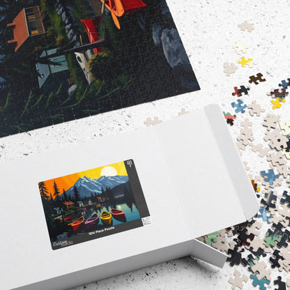 Banff Lakeside Village Puzzle for Adults, Nature Kayaks Trees Cabins and Mountains Jigsaw Game Puzzle The Puzzle Chest