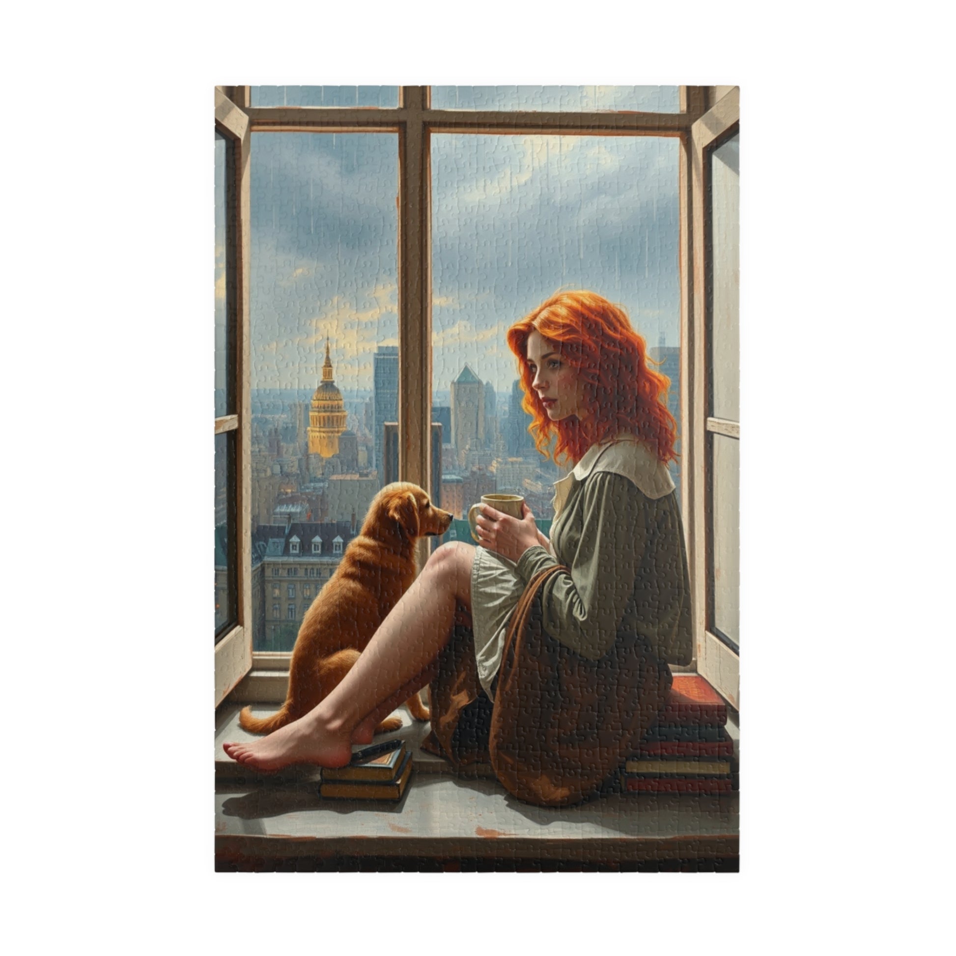 Jigsaw Puzzle, Woman Sitting on Windowsill with Red Hair, Books, Dog, Cityscape, Rainy Sky, 110, 252, 520, 1014-Piece - Relaxing Indoor 1014 pcs (Vertical) Puzzle The Puzzle Chest