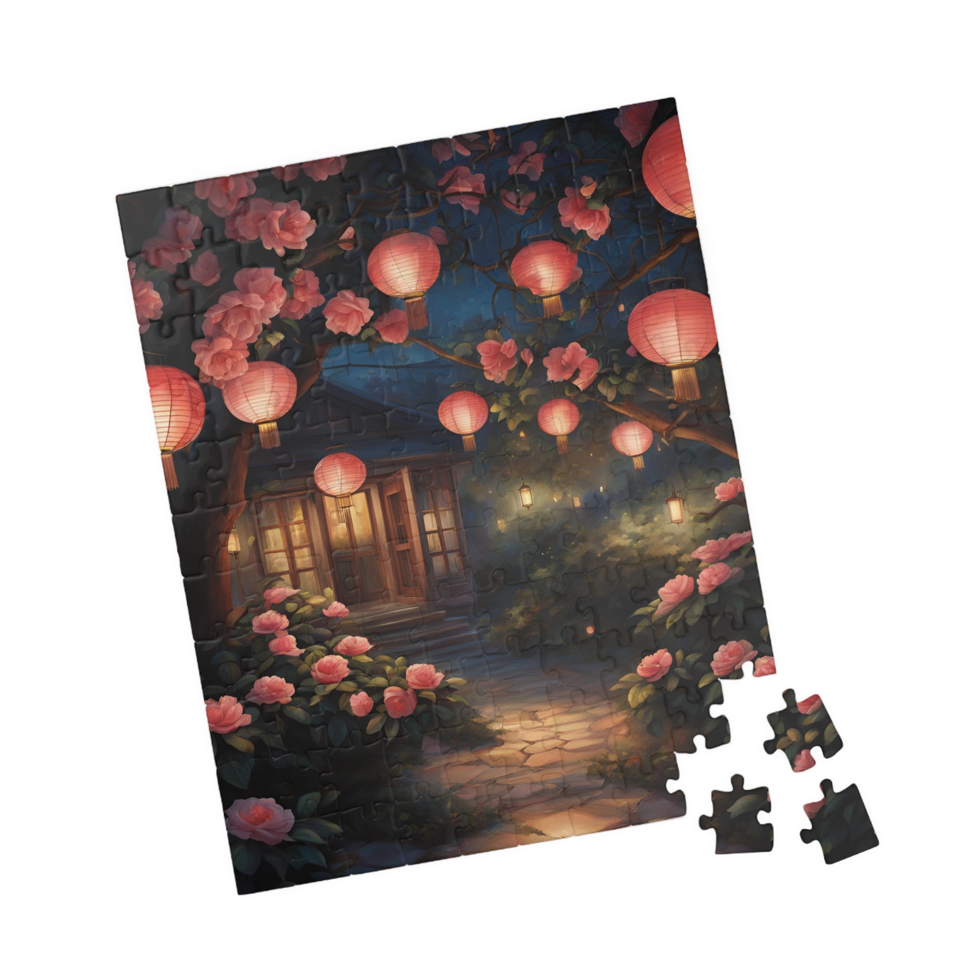 Cottage Landscape Jigsaw Puzzle, Nature-Inspired Floral Flower Design, Nighttime Lanterns and Camellias, Relaxing Hobby, Family Game Night Puzzle The Puzzle Chest