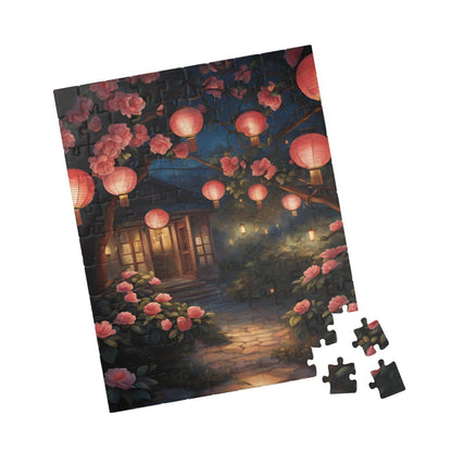 Cottage Landscape Jigsaw Puzzle, Nature-Inspired Floral Flower Design, Nighttime Lanterns and Camellias, Relaxing Hobby, Family Game Night Puzzle The Puzzle Chest