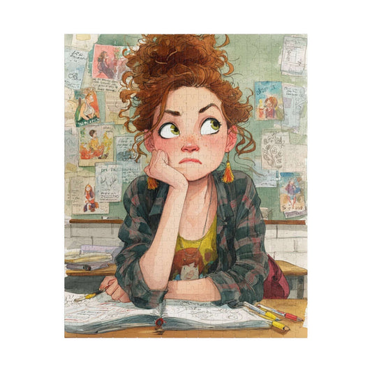 Funny Student Classroom Cartoon Puzzle - Girl at Desk with Whimsical School Background Puzzle The Puzzle Chest