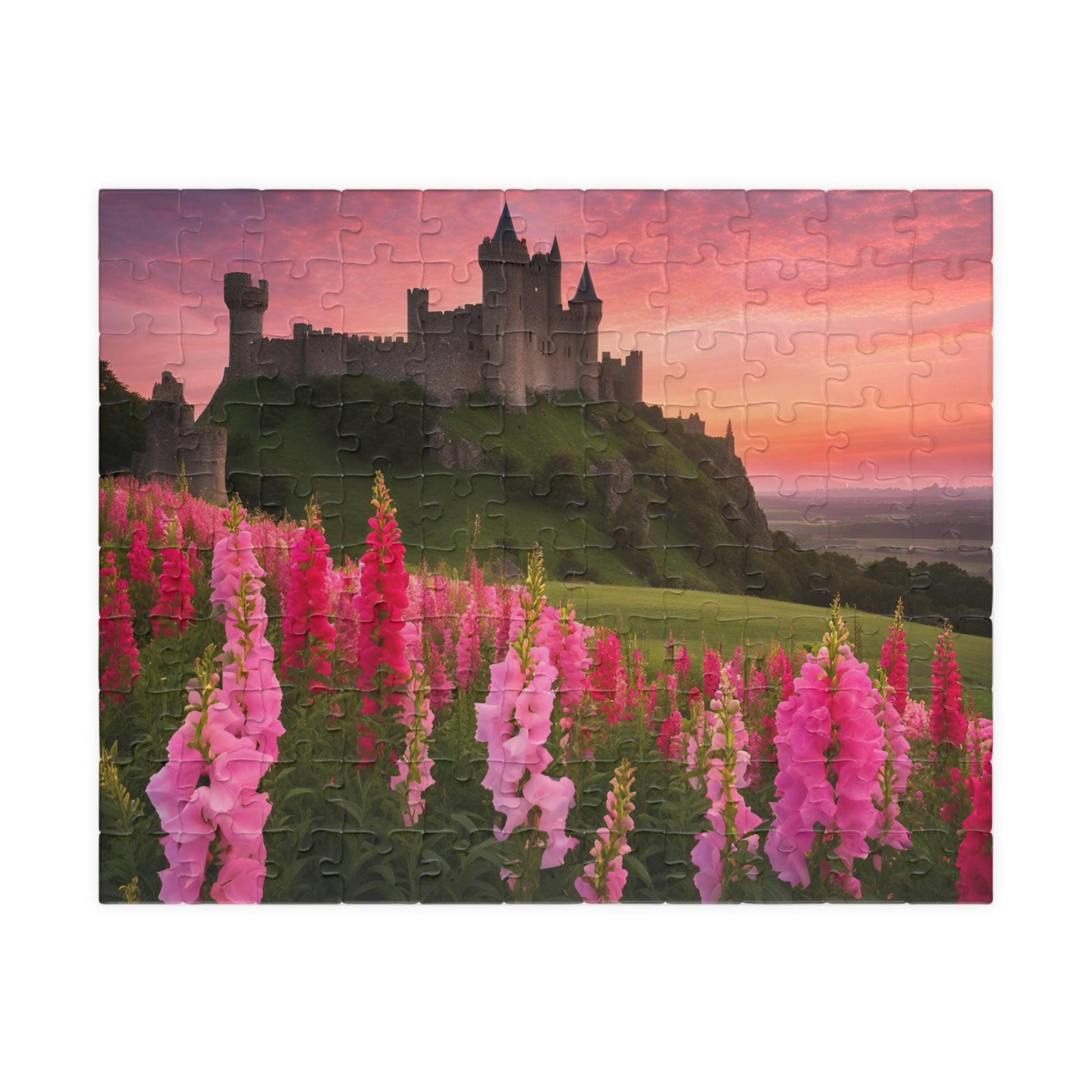 Landscape Jigsaw Puzzle - Snapdragon Meadow, 110-1014 Piece, Pink Sunset Castle Field, Relaxing Challenging Puzzle for Puzzle Lover, Gift 110 pcs (Horizontal) Puzzle The Puzzle Chest