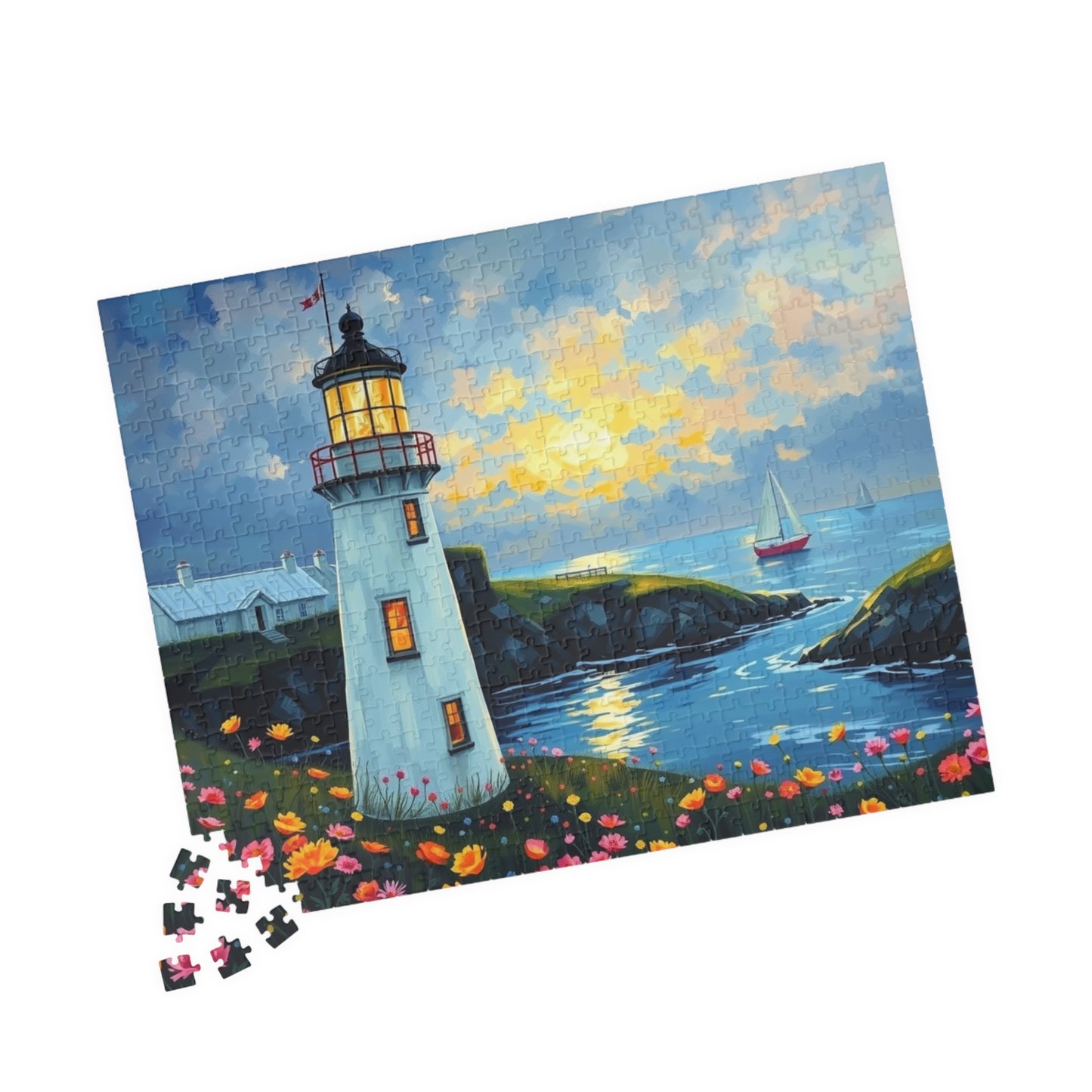 Lighthouse Coastal Scene Puzzle | Scenic Ocean Jigsaw 520 pcs (Horizontal) Puzzle The Puzzle Chest